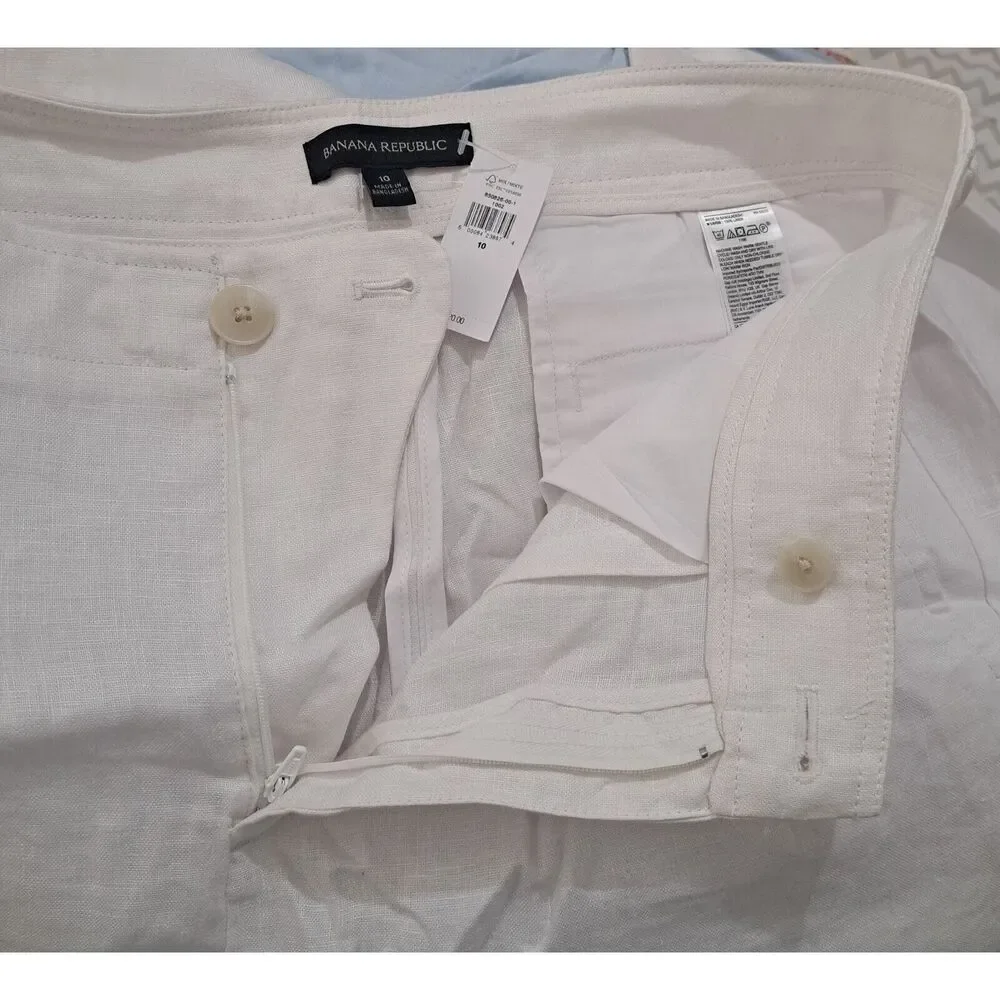 Banana republic women size 10 wide leg pants white beach resort wear 100% linen